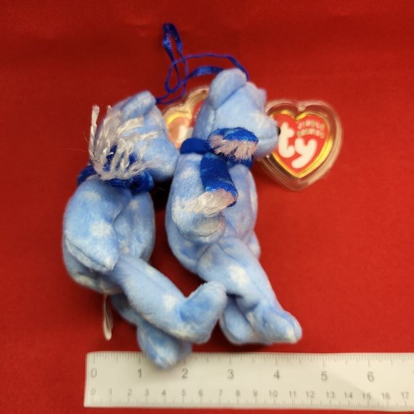 1999 Holiday Teddy The Blue Bear Ty Jingle Beanies Plush Ornament Set of 2 - Picture 8 of 13